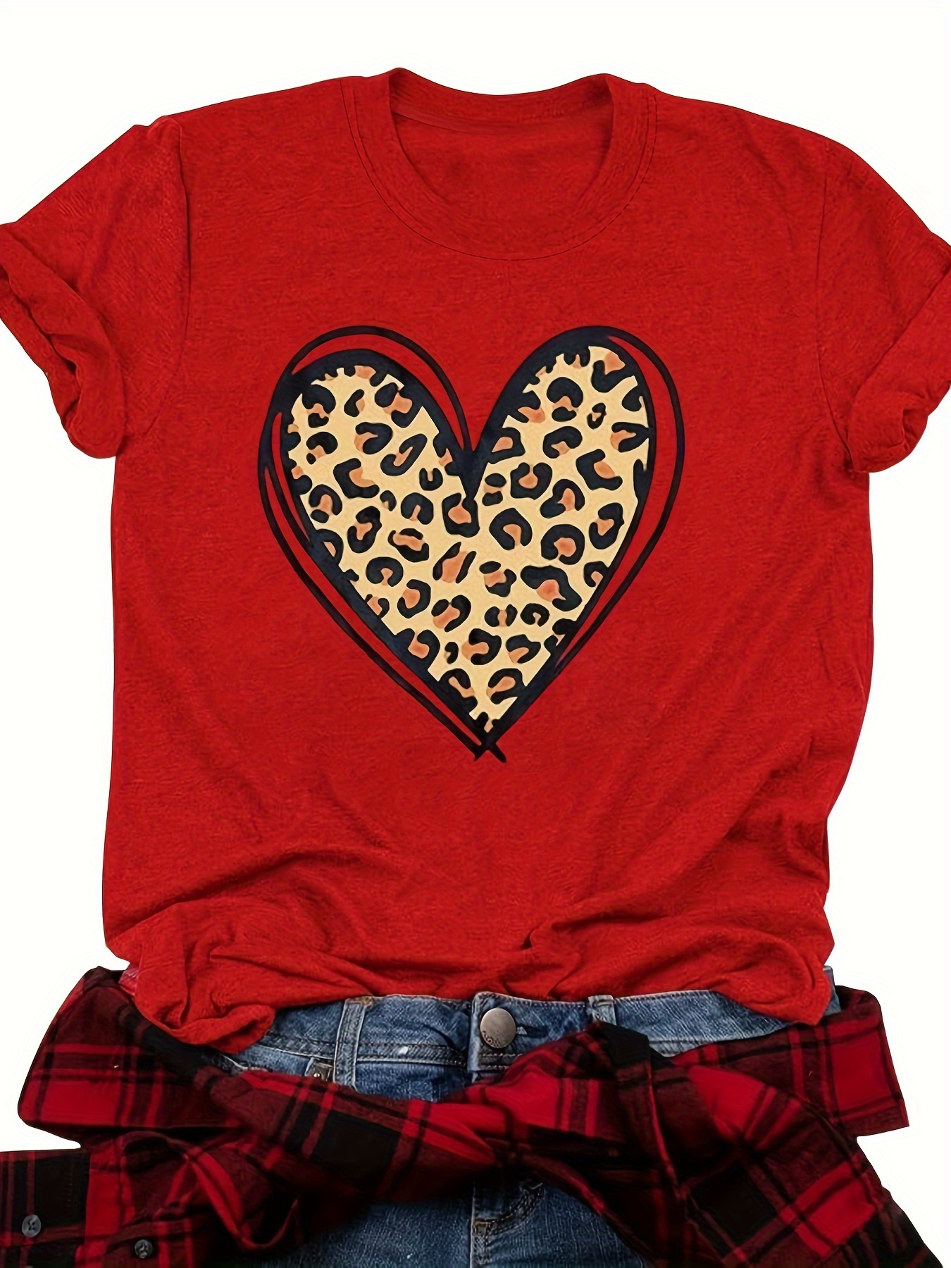 Leopard Heart Print T-shirt, Short Sleeve Crew Neck Casual Top For Summer &  Spring, Women's Clothing - Temu