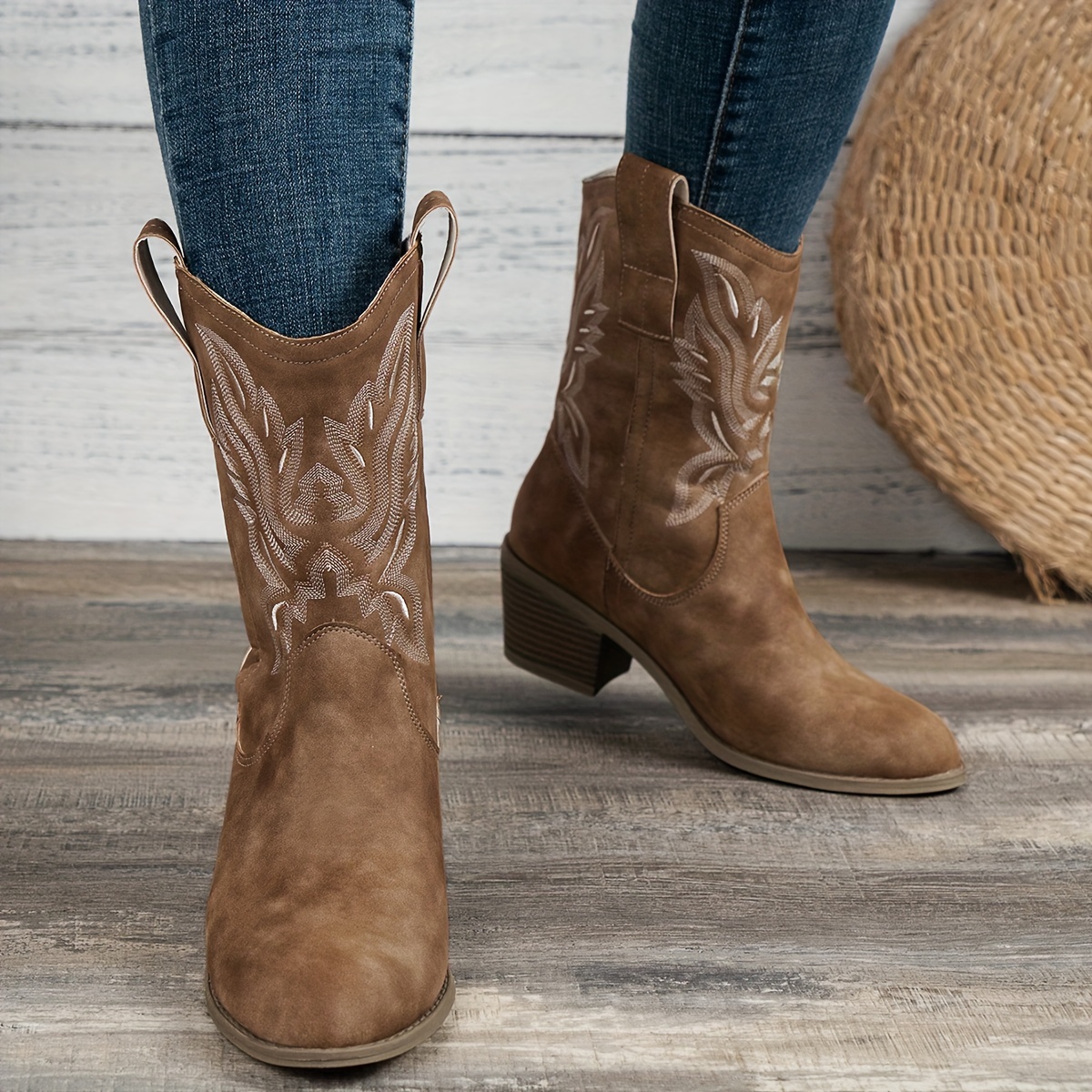 

Women's Stacked Chunky Heeled Cowboy Boots, V-cut Pull On Mid Calf Boots, Retro Western Ridding Boots