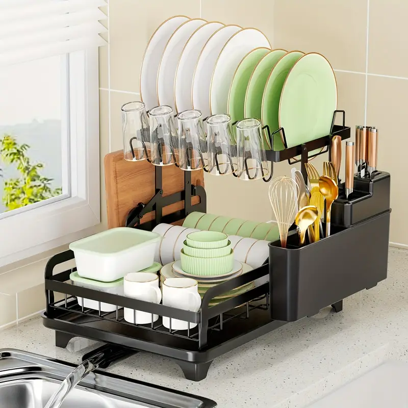 1pc Dish And Bowl Drying Rack For Kitchen, Dish Drainer, Dish Drying Rack  Over The Sink, Adjustable Dish Drying Rack, 2 Tier No-Installation Holder, F