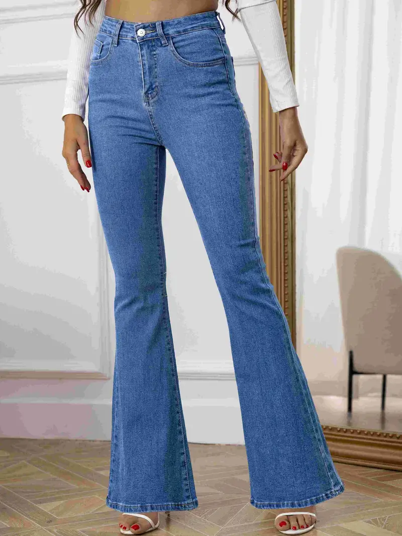 Floral Embroidery Stretchy Flare Leg Jeans Medium Washed - Temu Canada