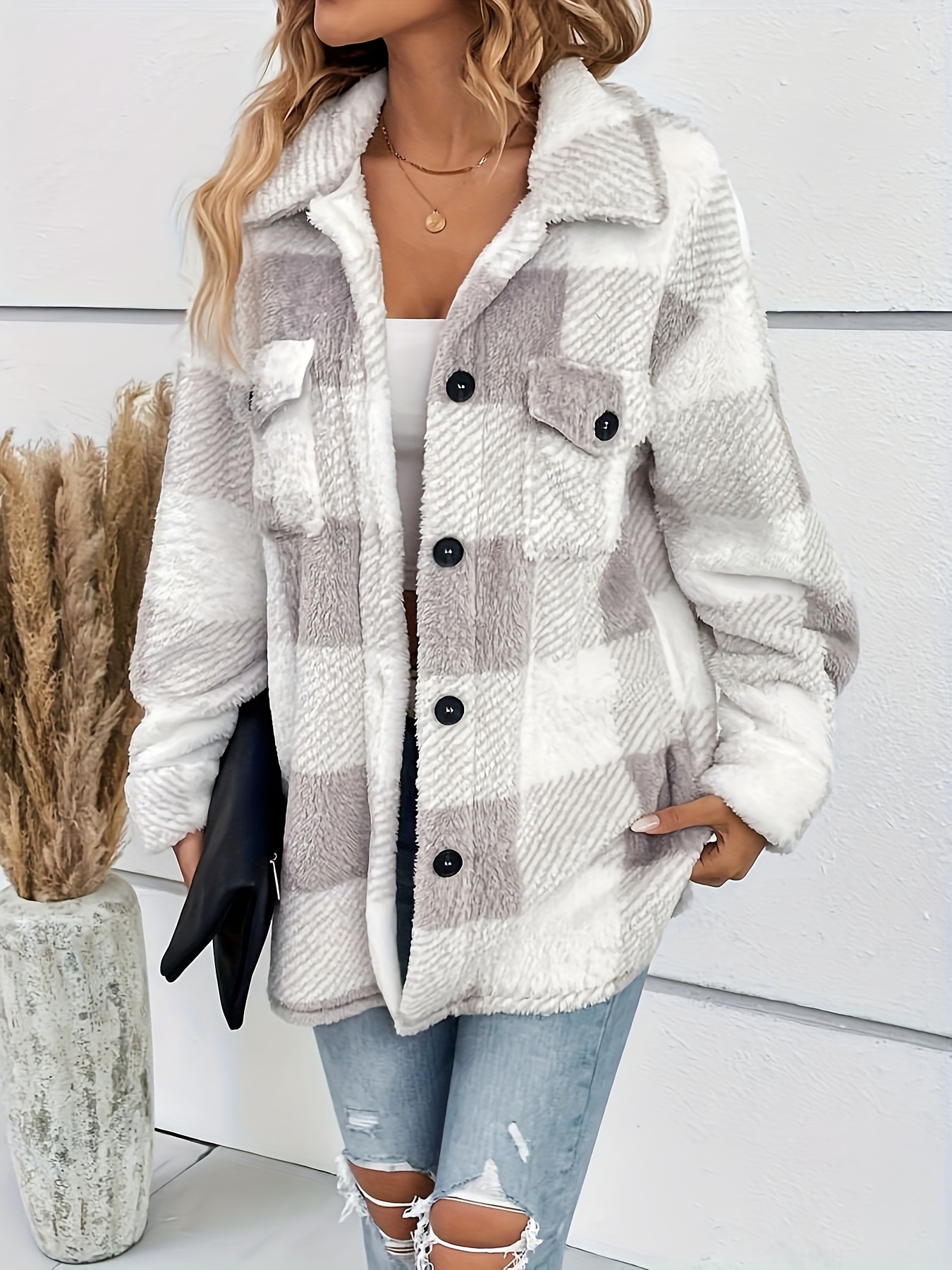 Plaid Fuzzy Fall & Winter Jacket, Casual Button Front Long Sleeve ...
