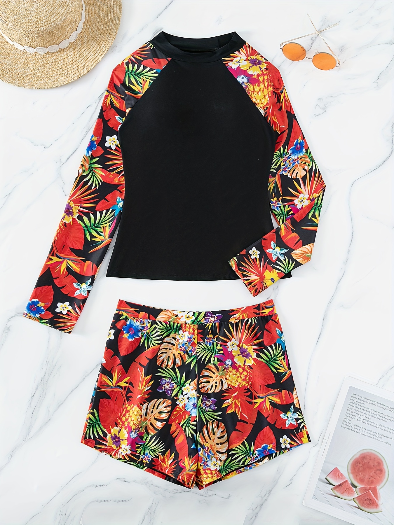 Colorful Tropical Print Long Sleeve Swimsuit Boxer Short Temu