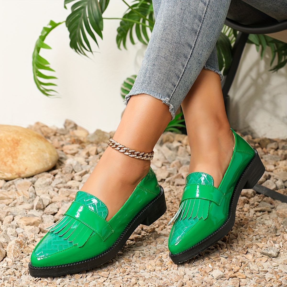 Women's Tassel Decor Loafers Solid Color Pointed Toe Slip - Temu