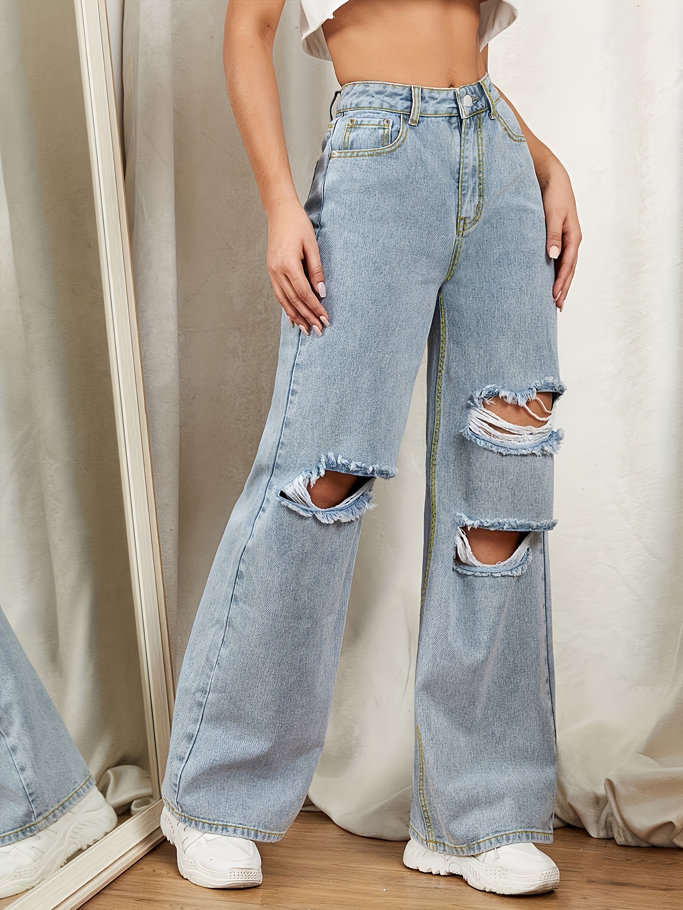 Ripped High Rise Light Wash Blue Denim Pants, Distressed Ripped-Butt Loose  Tapered Jeans, Women's Denim Jeans & Clothing