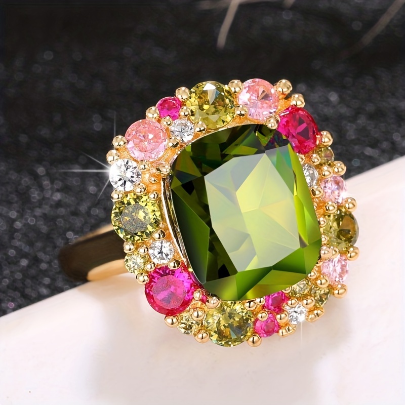 1pc elegant ring large emerald zircon surrounded by colorful zircons dainty gift for her party accessory multi sizes to choose 6