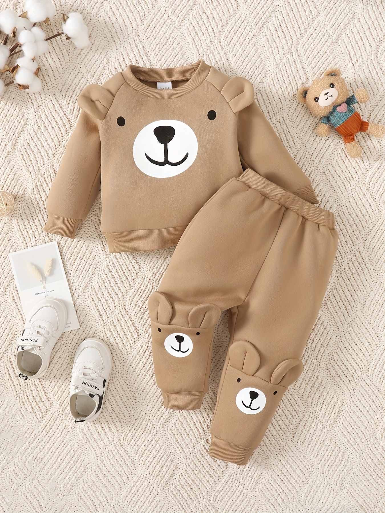 Juego de ropa para niños de 2 a 5 años, para niños pequeños y niñas, otoño  e invierno, con diseño de oso de rayas cálidas+pantalones