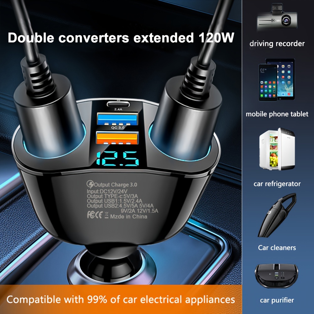 Car Charger 1 With Dual Retractable Cable Dual Port Usb C Pd - Temu United  Kingdom