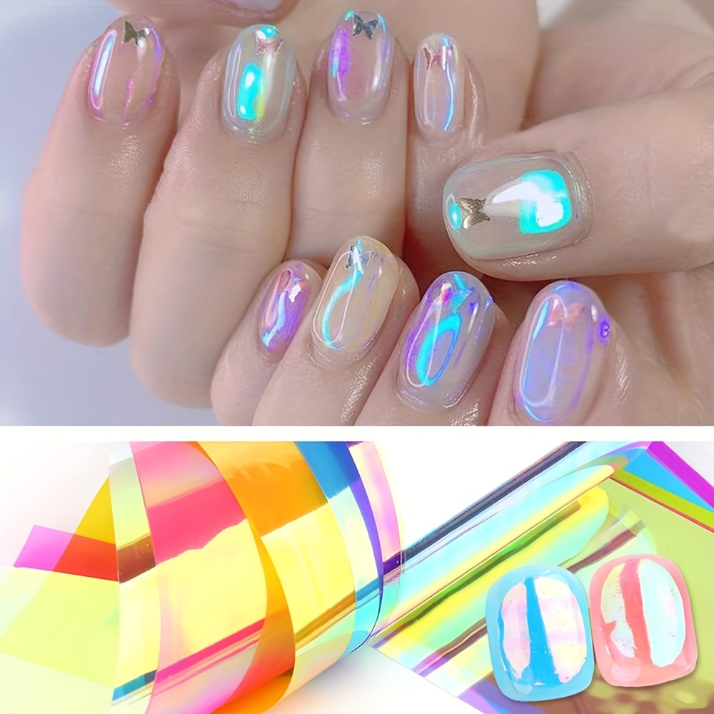 SILPECWEE 11 Sheets Aurora Nail Foil Laser Nail Stickers Glass Paper Nail  Art Stickers Iridescent Cellophane Nail Designs Stickers Holographic Film  3D