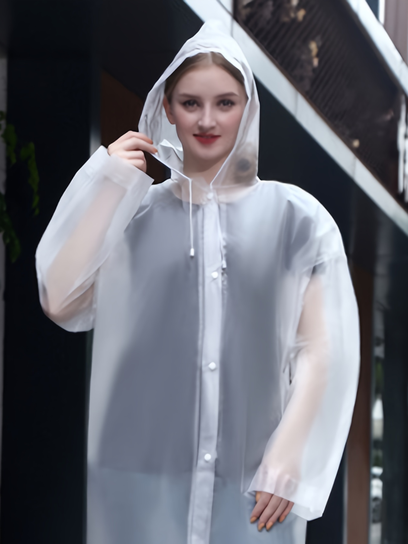 one piece waterproof hooded raincoat for adults white drawstring long sleeve pancho reusable and convenient details 3