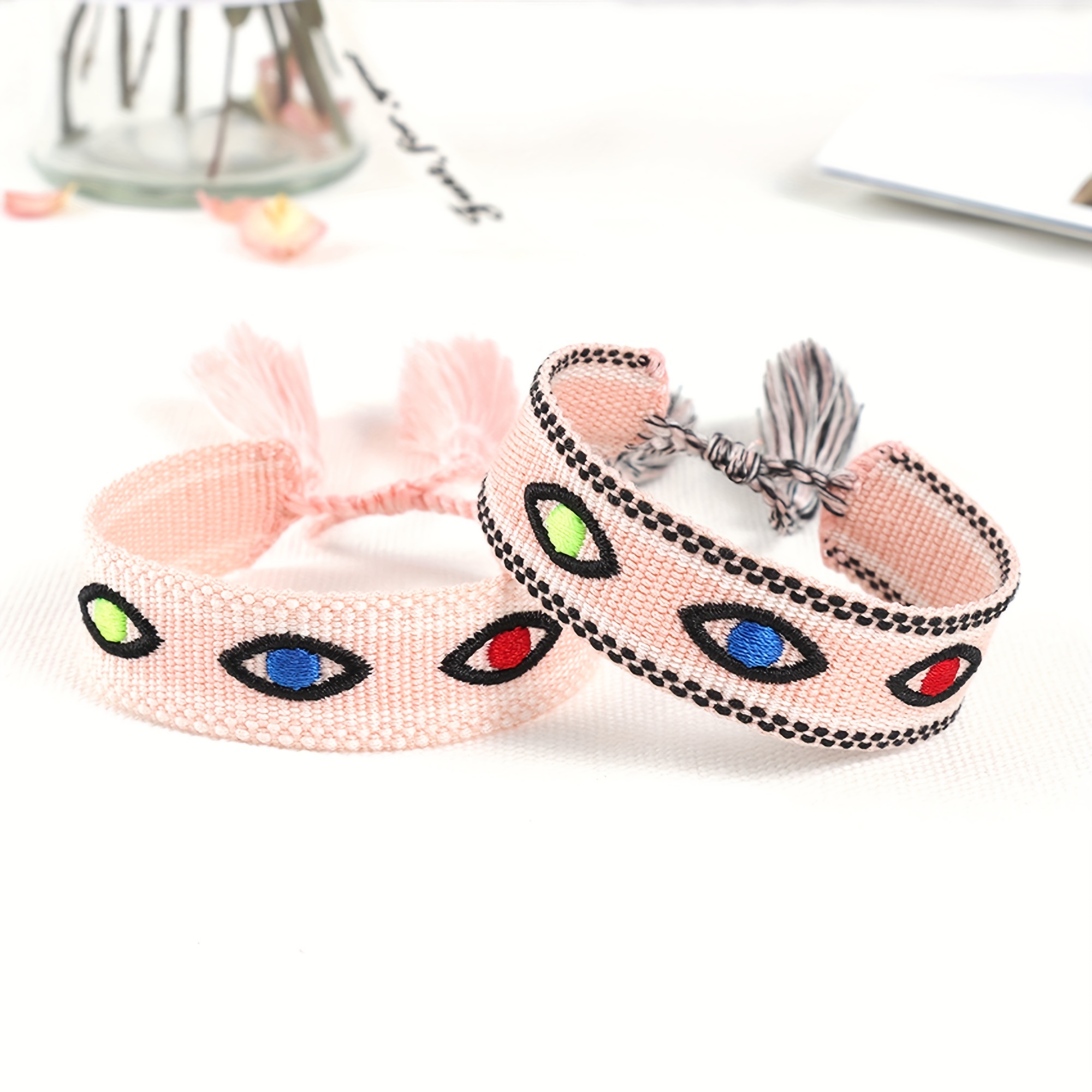 Multicolor Evil's Eyes Embroidered Tassel Bracelet, 10 Colors