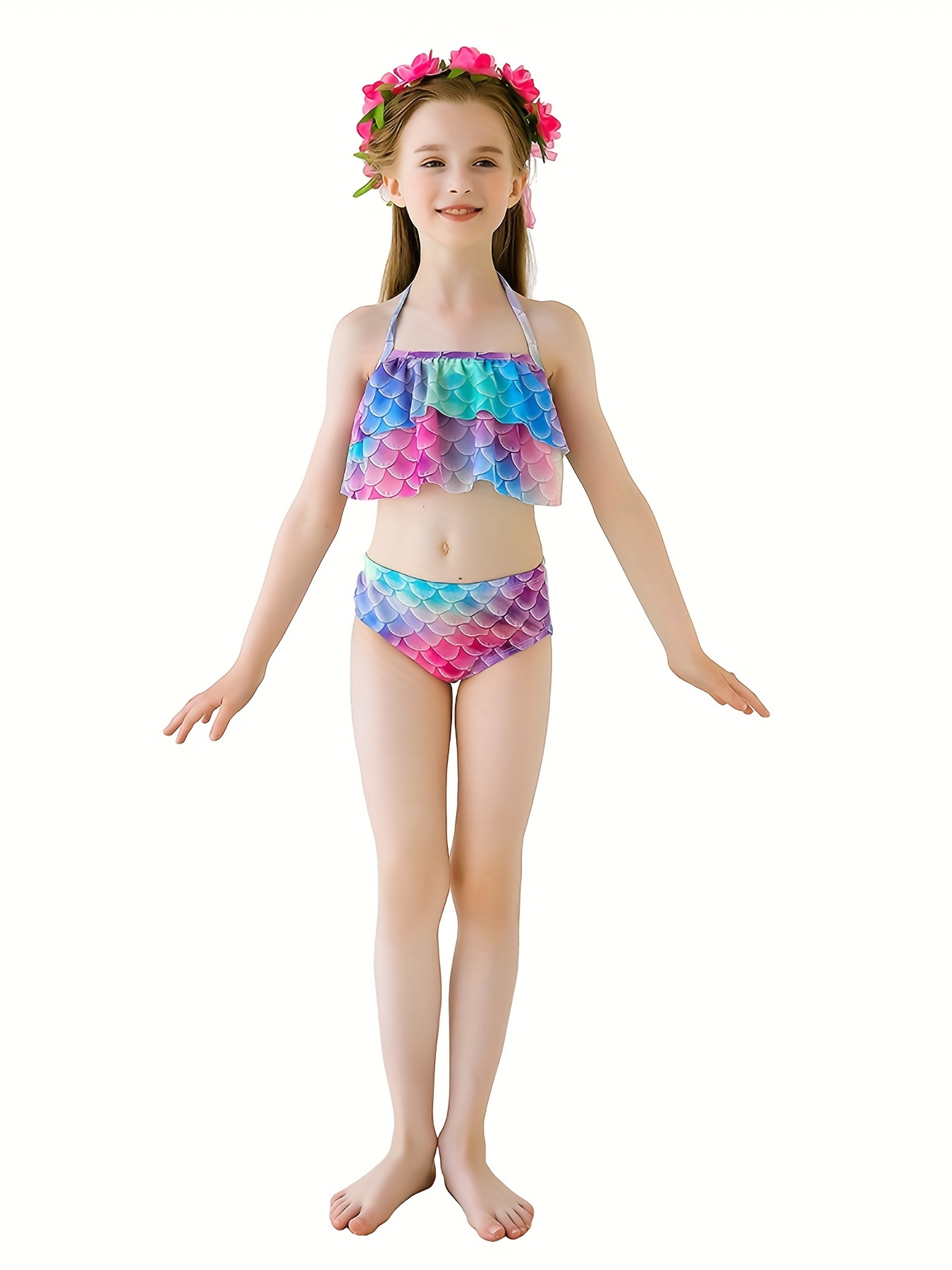 Toddler Girls Bikini Swimsuit Fish Scale Graphic Ruffle Trim