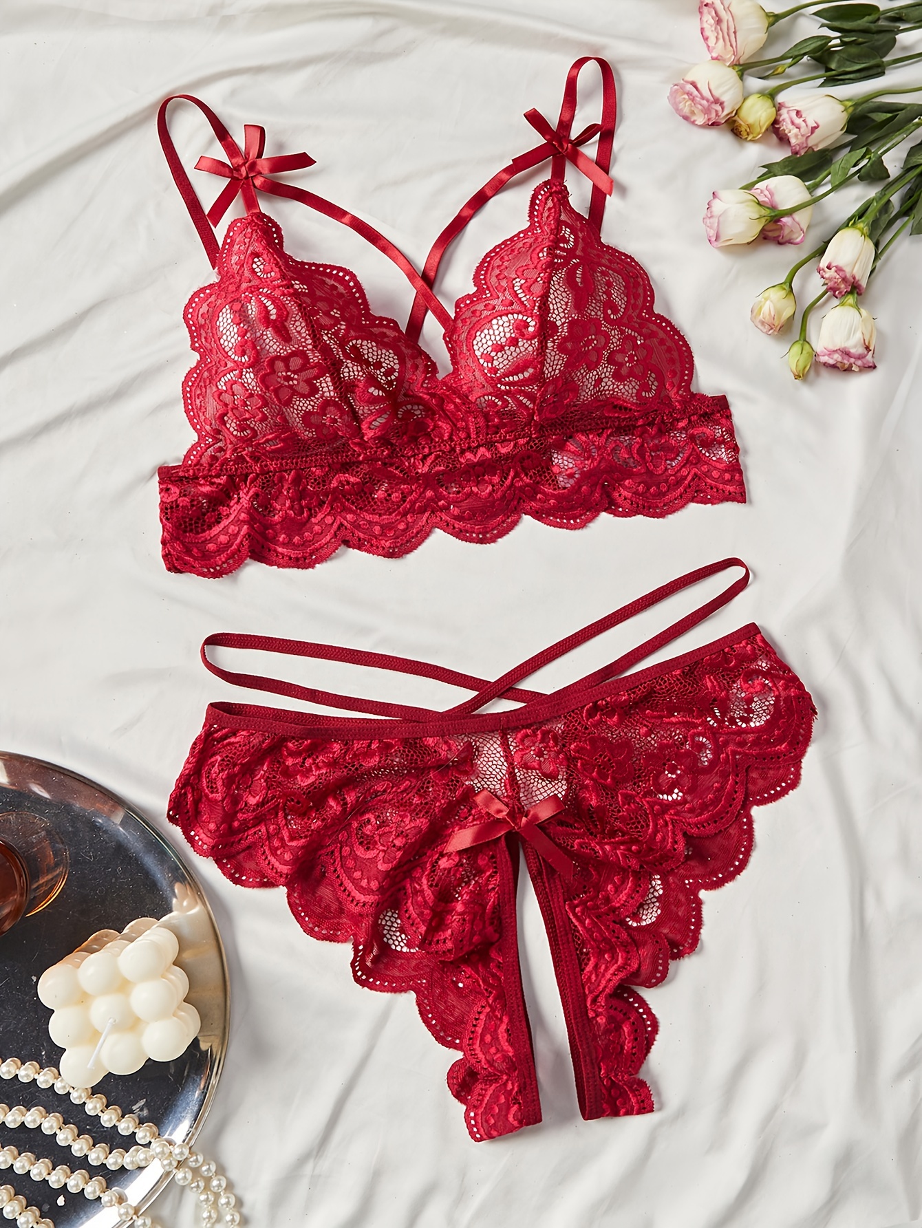Floral Lace Lingerie Set, Intimates Bra & Thong, Women's Sexy Lingerie &  Underwear