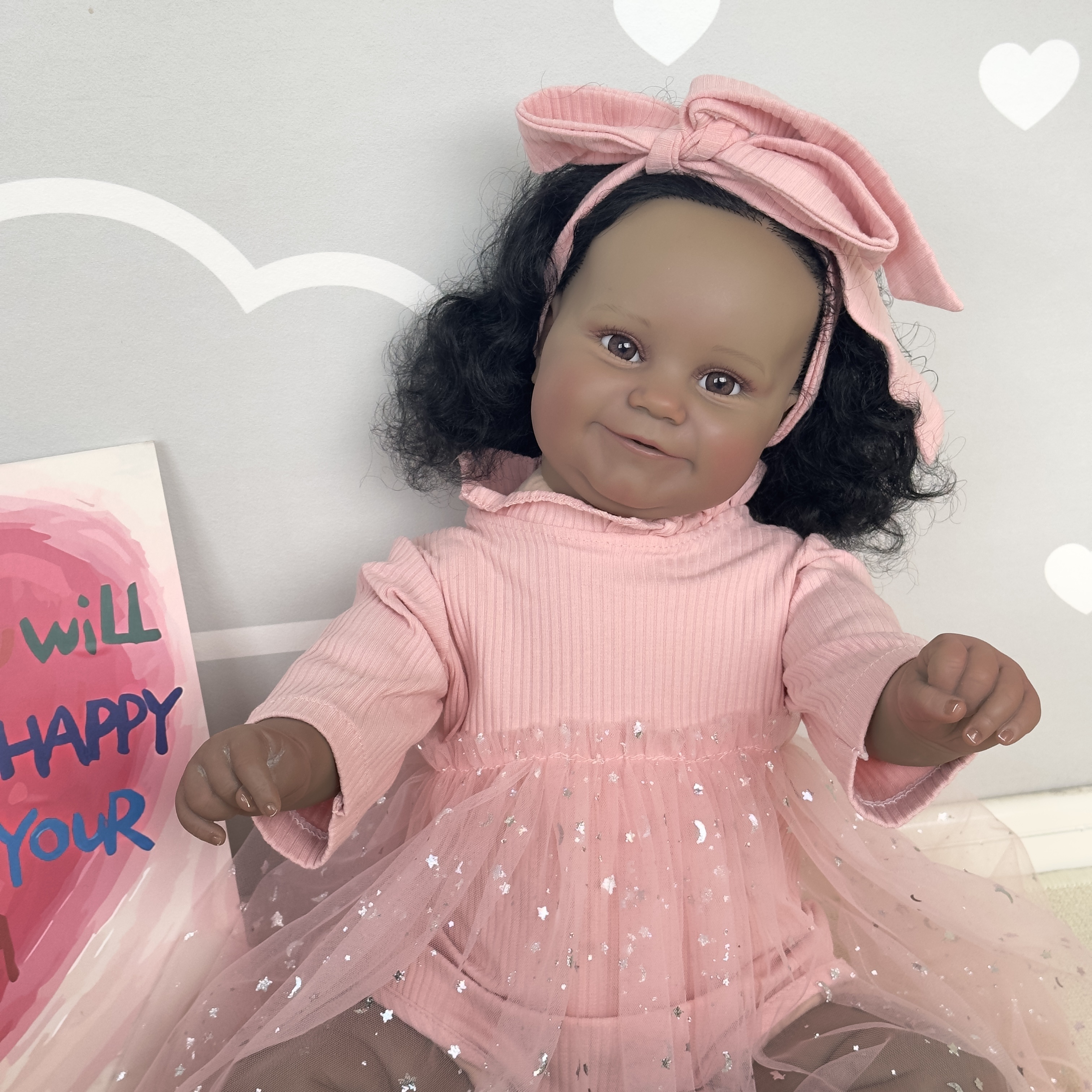 24 Inch/ 60cm Soft Vinyl Reborn Baby Doll Handmade Newborn Smiling Girl  With Cloth Body