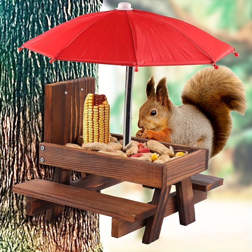 Mangeoire Ecureuil Exterieur, Mangeoire pour écureuils, Mangeoire à  écureuil en Bois, Table De Pique-Nique écureuil avec Parapluie Et Porte  Maïs pour