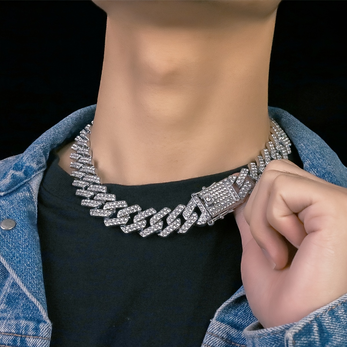Chunky Iced Rhinestone Cuban Link Chain Necklace Men - Temu Philippines