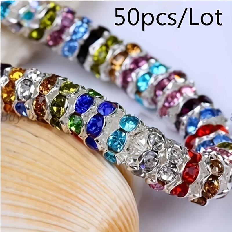 4/6/8/10mm 50pcs Mixed Color Shining Rondelle Loose Beads Inlaid  Rhinestones For DIY Bracelet Necklace Crafting Jewelry Accessory Making  Supplies