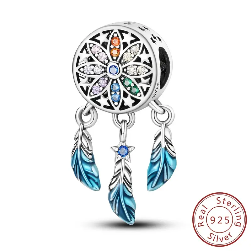 S925 Sterling Silver Dream Catcher Design Inlaid Rhinestones Bead Charm  Pendant For Bracelet Necklace DIY Crafting Jewelry Making Supplies