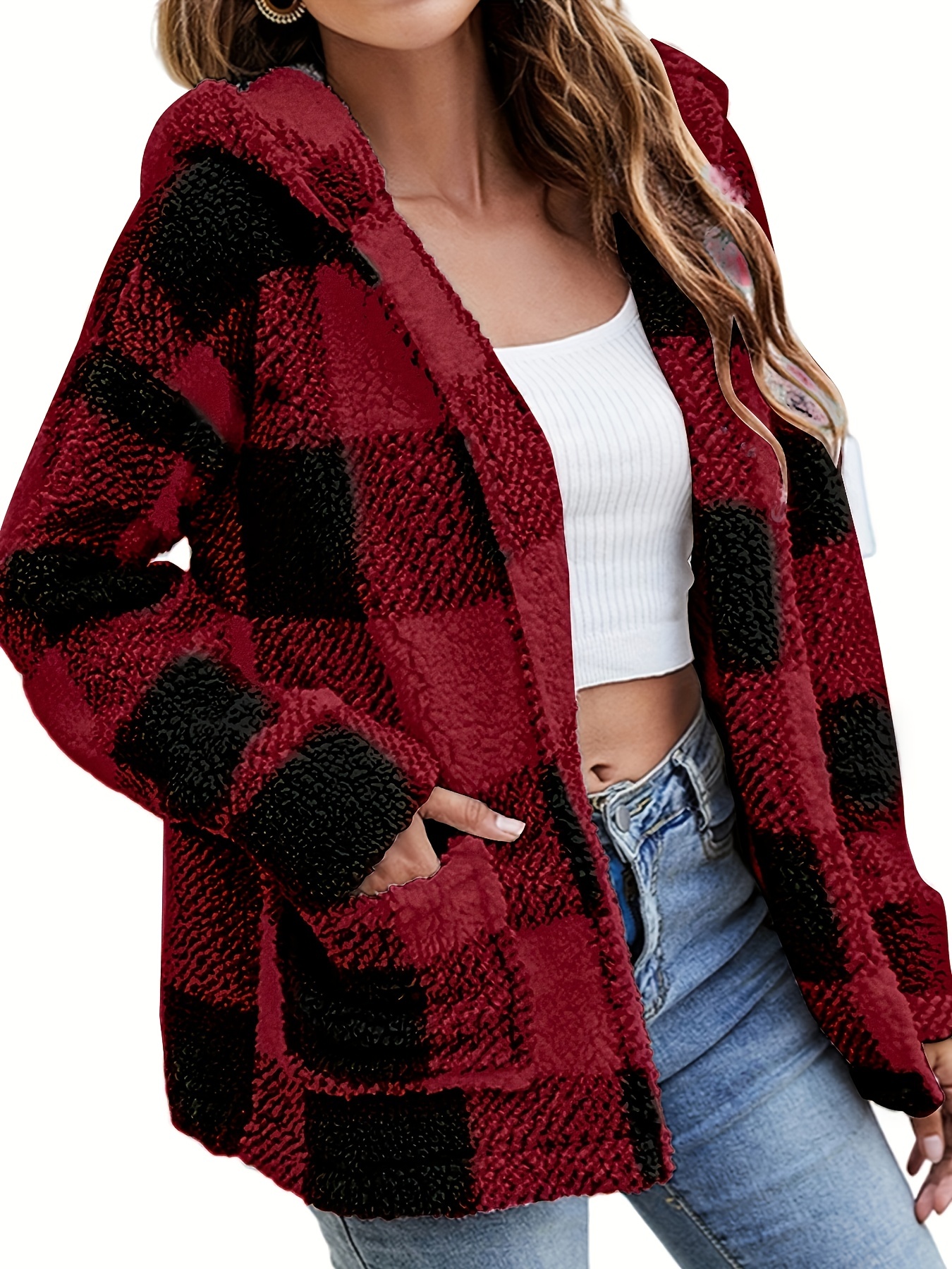 Red plaid cheap jacket with hood