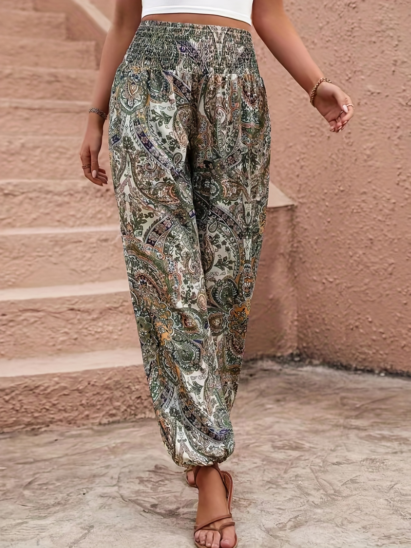 Ethnic Print Flared Leg Pants Boho High Waist Long Length - Temu