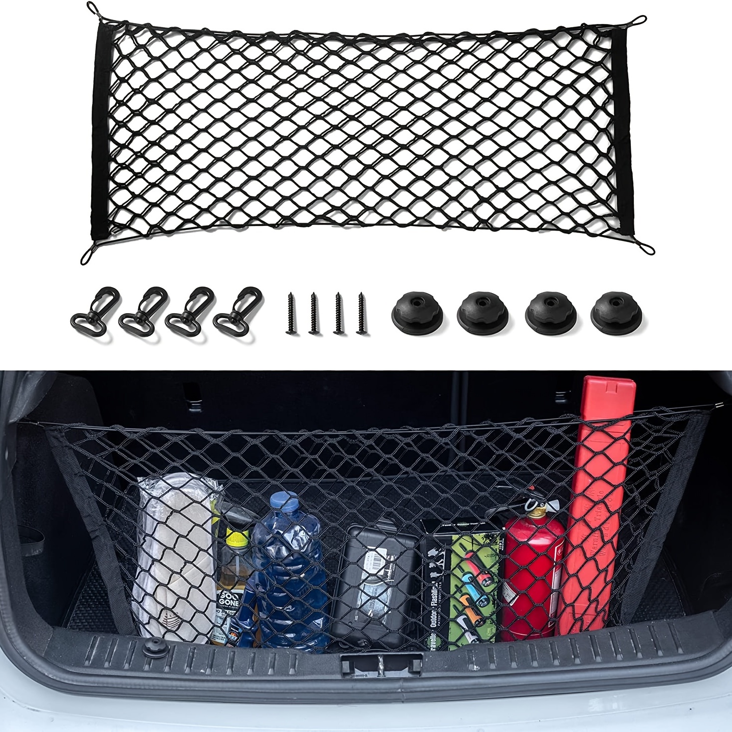 Organizador de maletero de coche de 2 piezas, red de maletero de coche de  60 x 25 cm, bolsa de red de velcro universal para maletero, red de  almacenamiento de red elástica