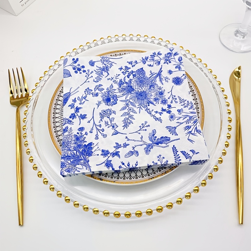 Disposable Blue And White Floral Paper Napkins Western Food - Temu