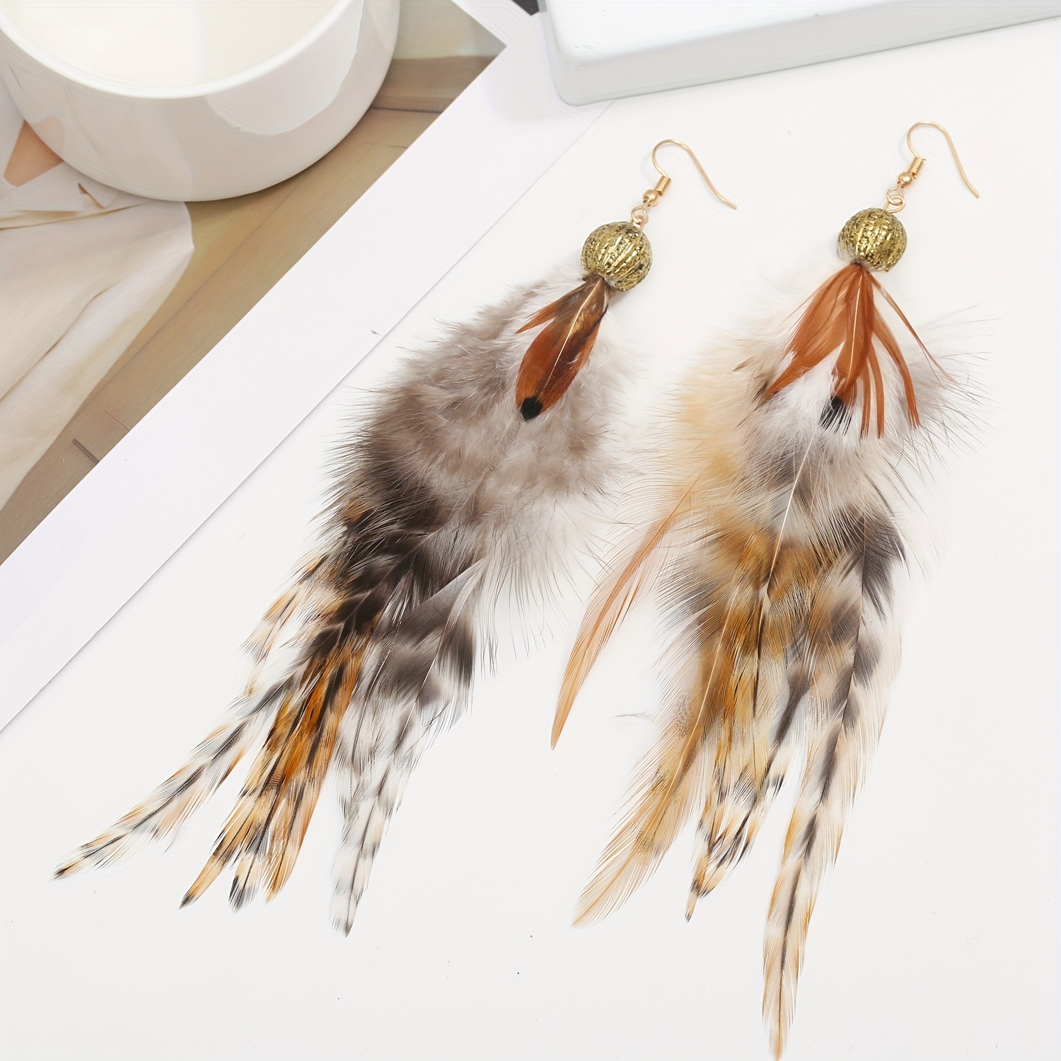 

Pheasant Feather Design Long Dangle Earrings Bohemian Vacation Style Copper Silver Plated Jewelry Holiday Ear Ornaments
