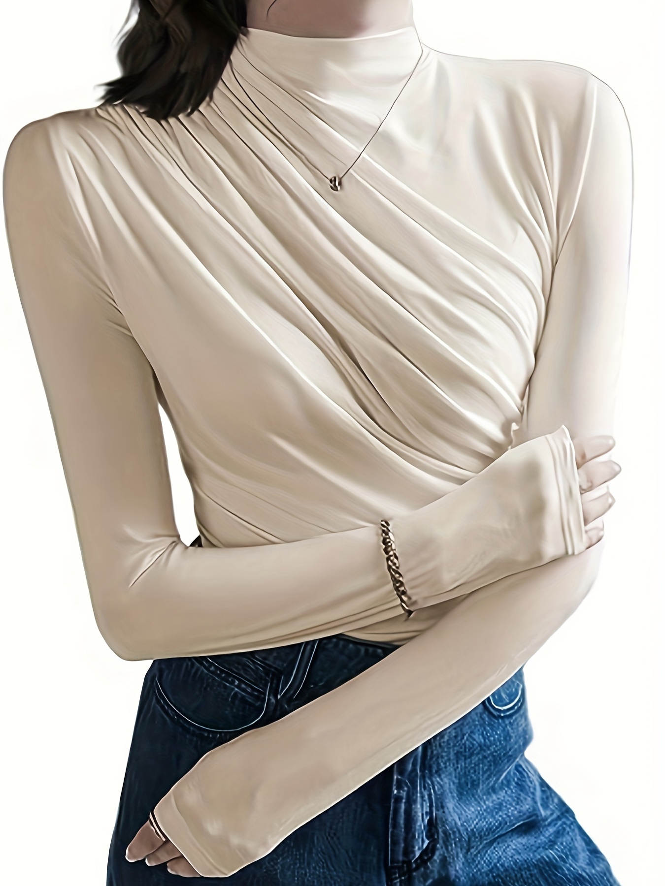 Solid Color Mock Neck Ruched T-Shirt, Casual Long Sleeve T-Shirt For Spring  & Fall, Women's Clothing