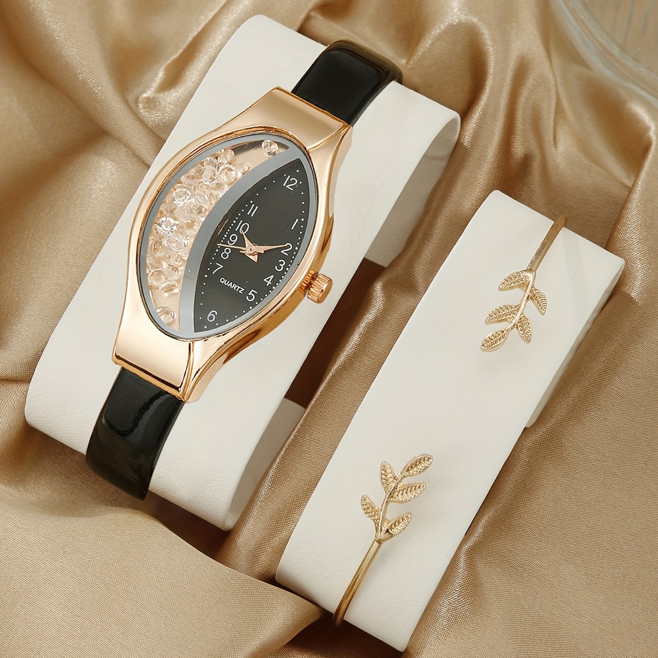 

Quicksand Oval Pointer Quartz Watch Casual Fashion Analog Wrist Watch & 1pc Leaf Bangle Cuff, Gift For Women Her