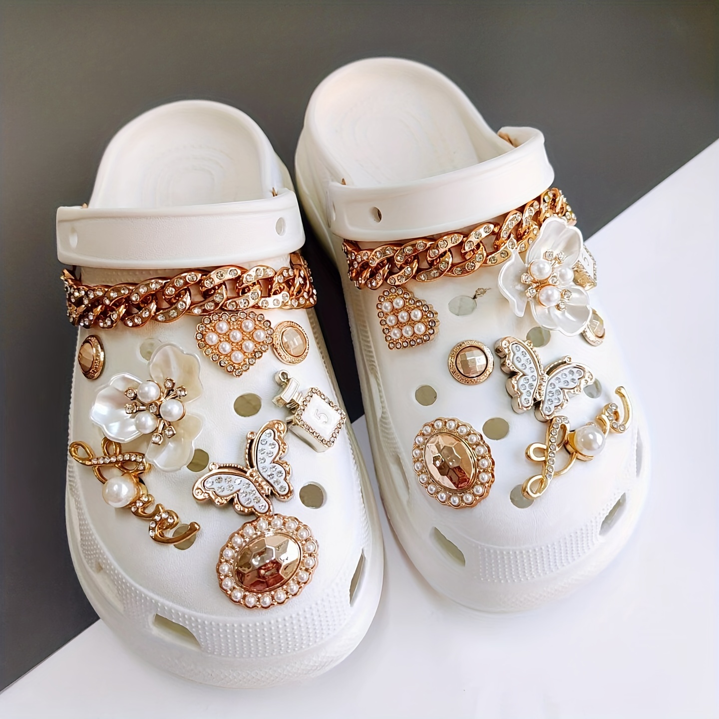 Rhinestone Set Croc Shoes Charms Butterfly Kit Pearl Flower Gold