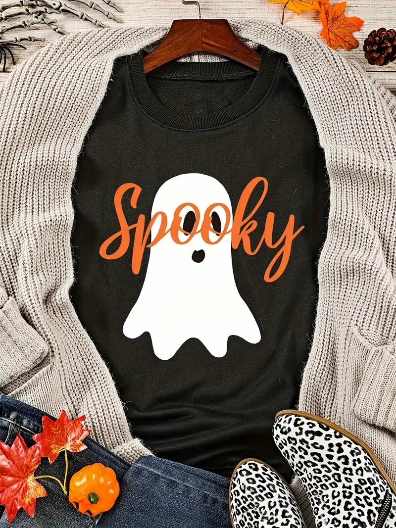 halloween spooky ghost print sweatshirt casual long sleeve crew neck sweatshirt womens clothing details 1
