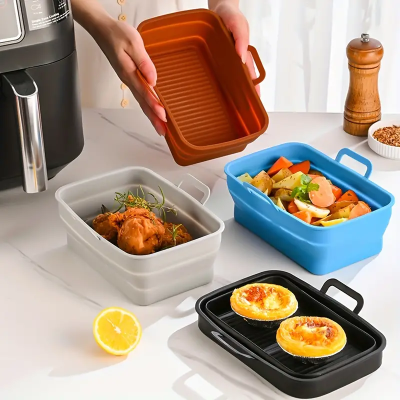 Reusable Silicone Air Fryer Basket With Foldable Lining For 8qt & 10qt  Rectangular Air Fryers - Includes 6 Free Muffin Cups - Perfect For Ninja  Foodi Dual Air Fryer - Easy To