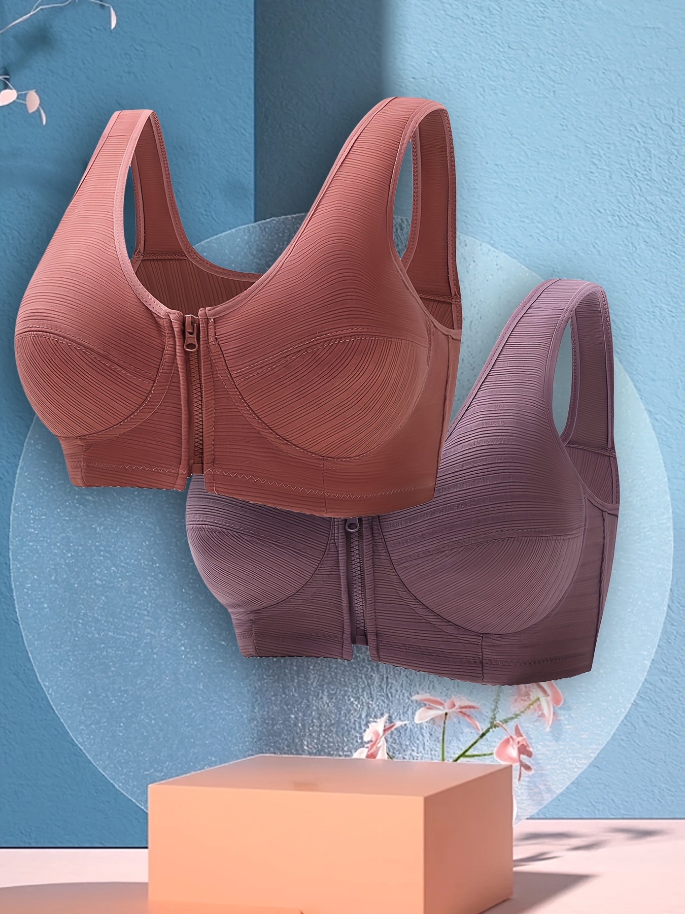 Textured Zip Front Wireless Bras Comfy Breathable Stretch - Temu Canada