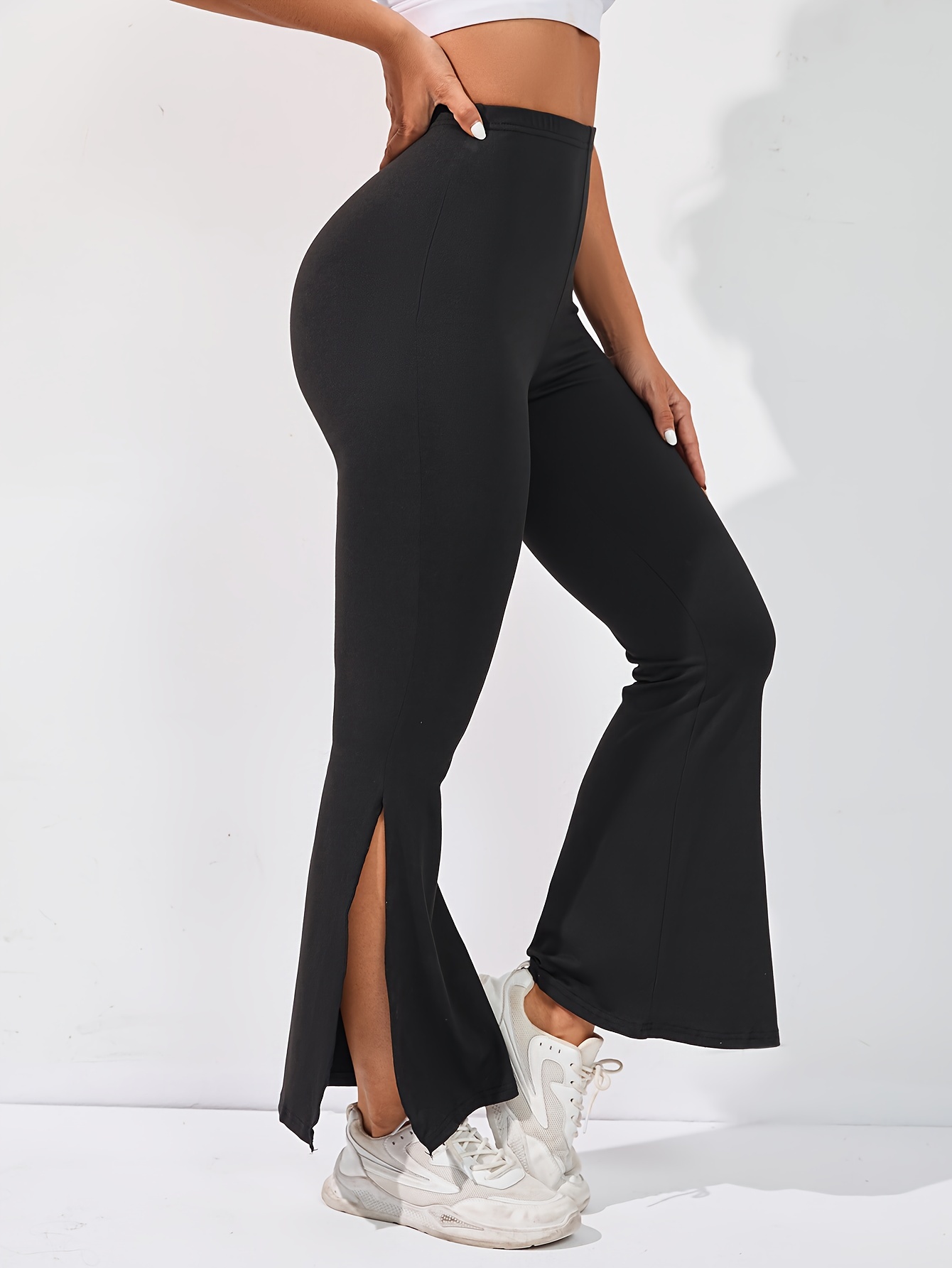 Women for Tight Trousers - Solid Split Hem Leggings (Color : Black