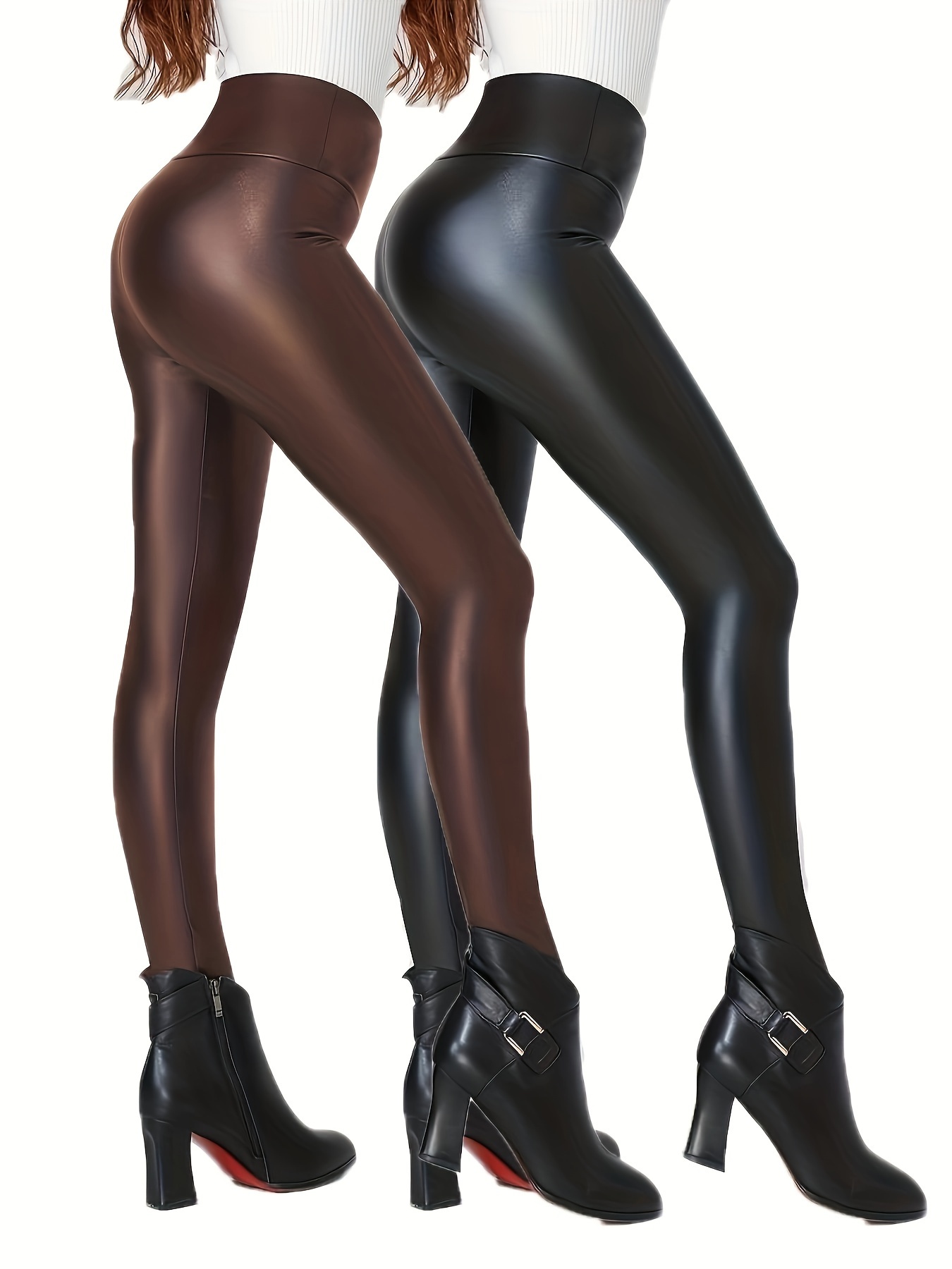 Solid Color Faux Leather Leggings Skinny High Waist Leggings - Temu