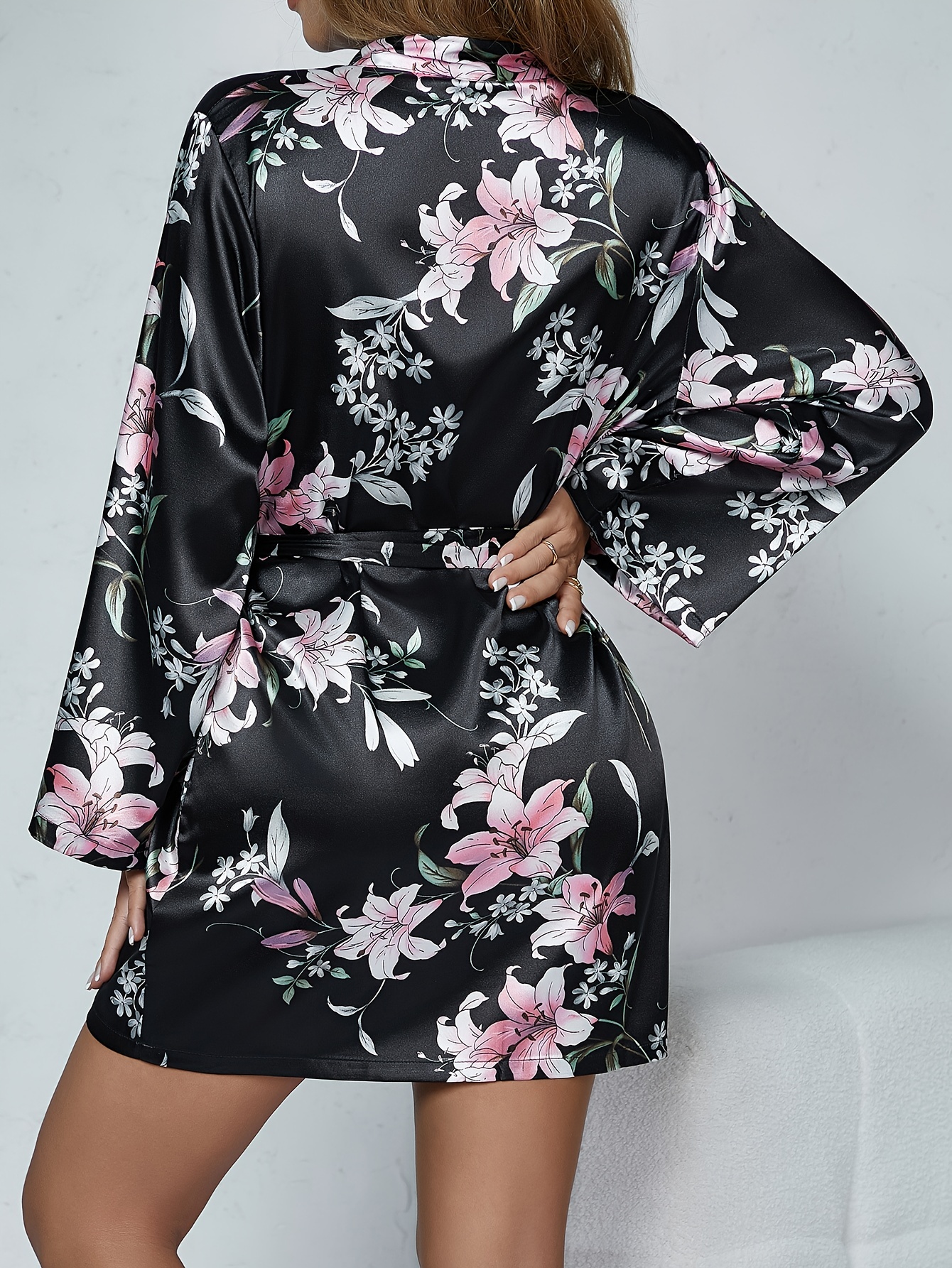 Floral Satin Night Robe Long Sleeve V Neck With Belt