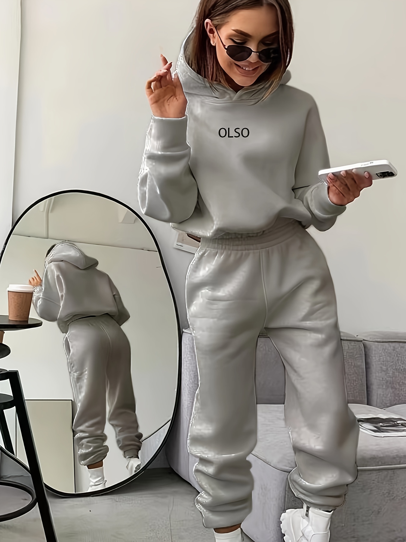 Hoodies For Women Fashion Two-piece Sets Solid Color Long Sleeve Tops Lace-up  Casual Pants Loose Sweatsuit 