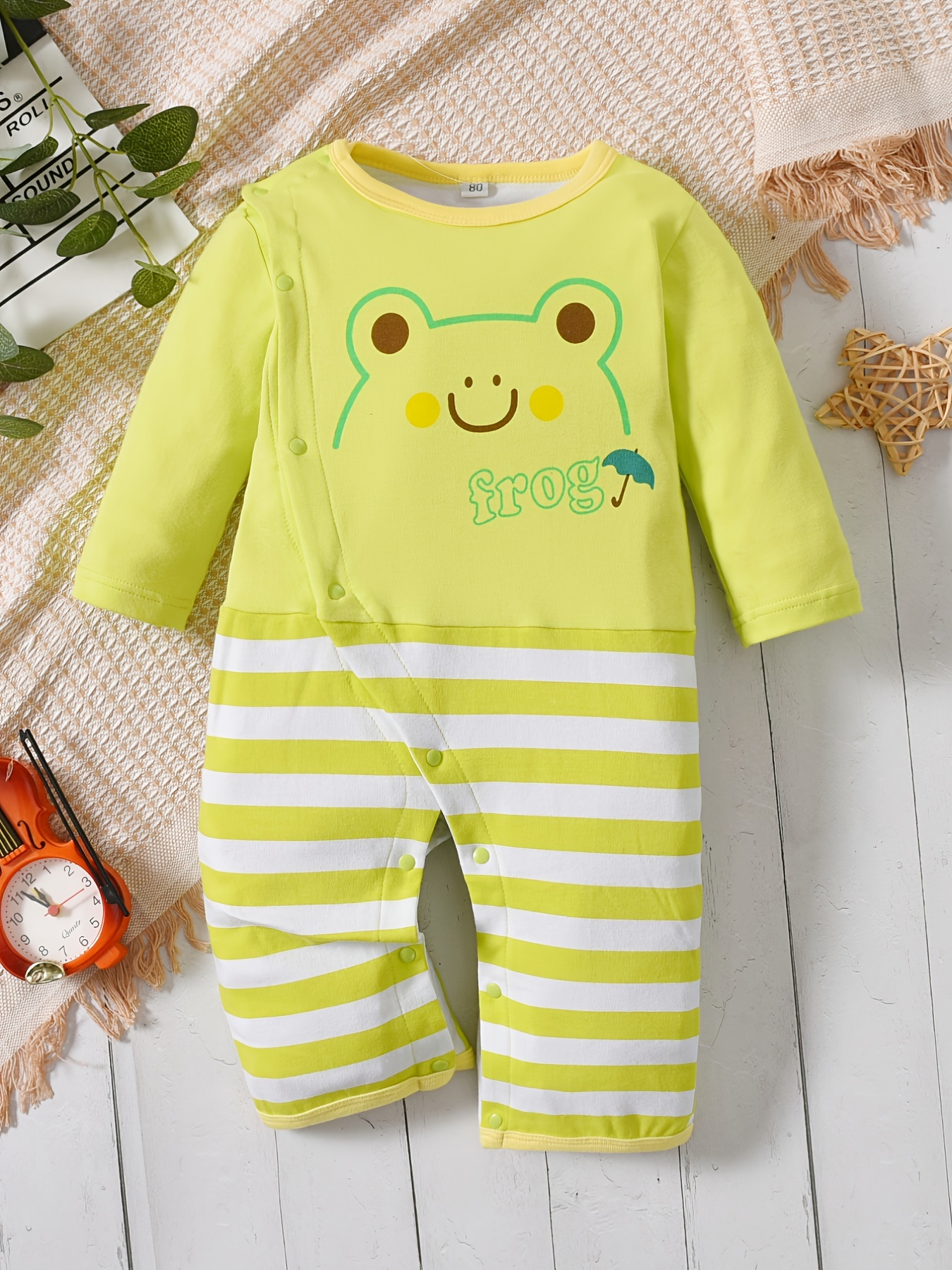 Tuta a righe girocollo manica lunga con stampa rana verde neonato per  neonati e ragazzi vestiti per bambini