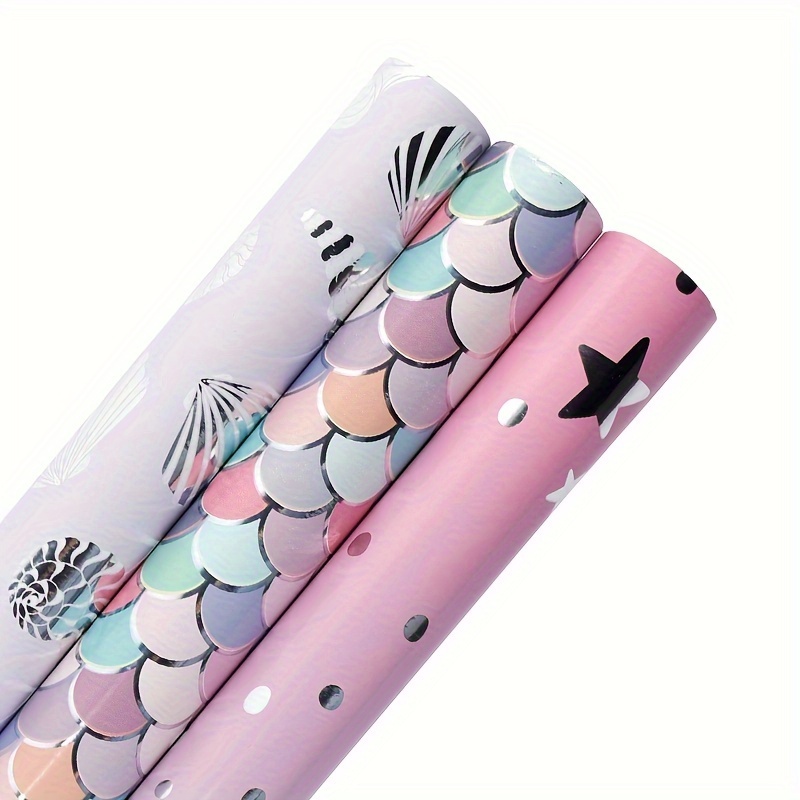 3 Rolls, Wrapping Paper Roll, 43.18cm X 299.72cm Per Roll Purple Mermaid Scales, Glitter Shell, Suitable For Valentine's Day, Birthday, Wedding, Bridal Shower, Ribbon, Wrapping Paper, Tissue Paper, Flower Bouquet Supplies, Gift Wrapping Paper