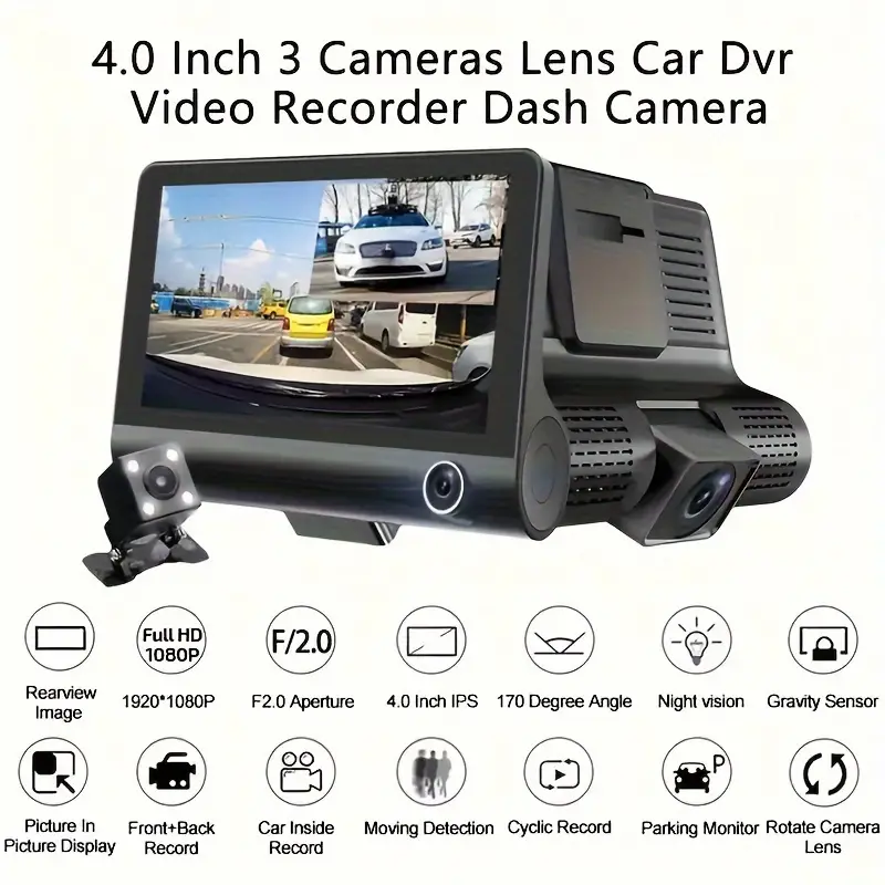 Car DVR 3 Cameras 4.0 Inches Dash Cam Car Video Recorder Auto Registrator  Dvrs Dash Cam With 3 Ways Cameras