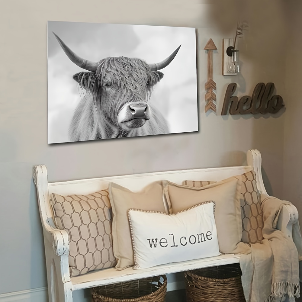 Black White Highland Cow Wall Art Furry Animal Decorative - Temu