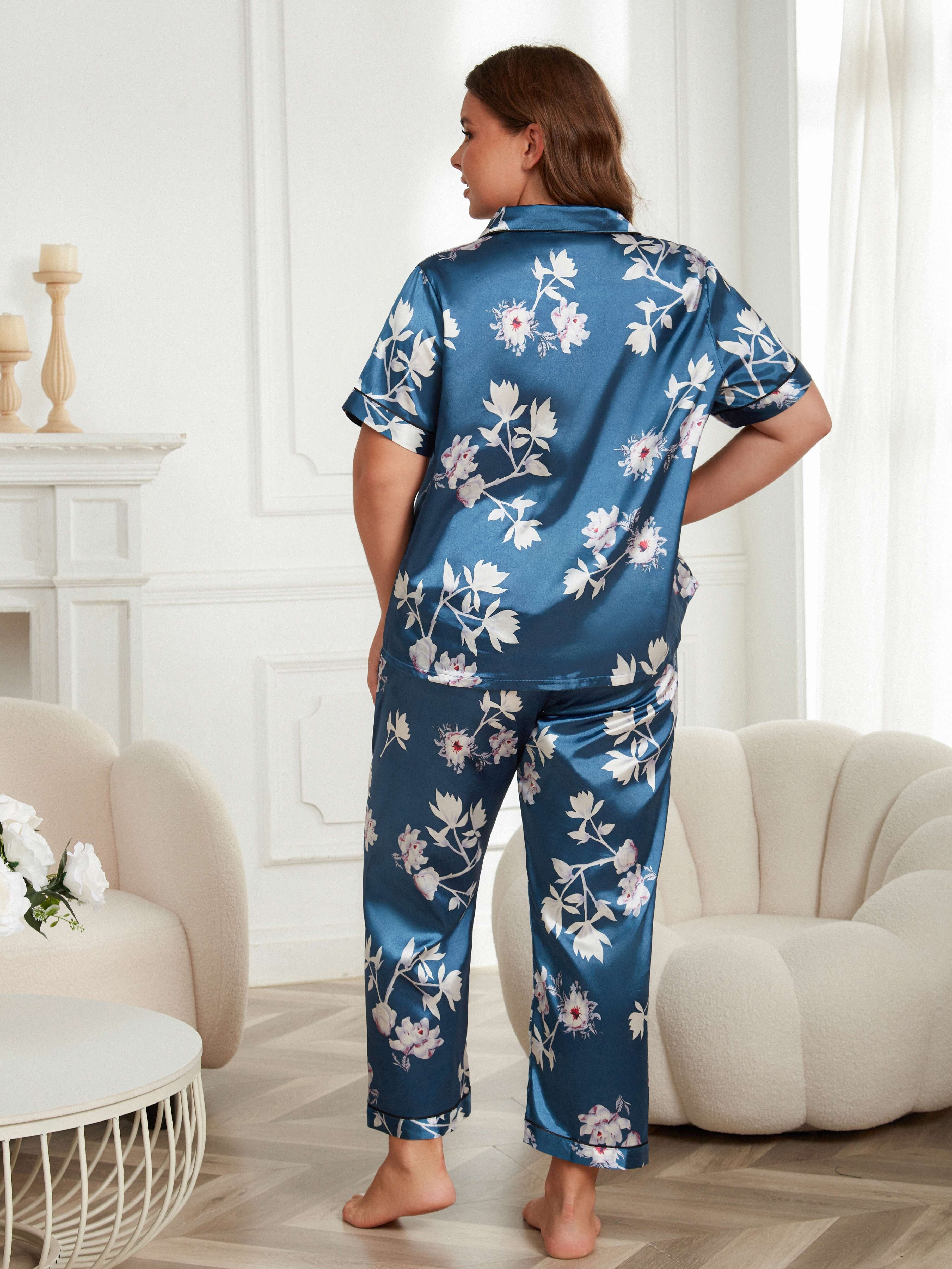 Plus Size Elegant Pajama Set Women's Plus Silk Satin Floral - Temu
