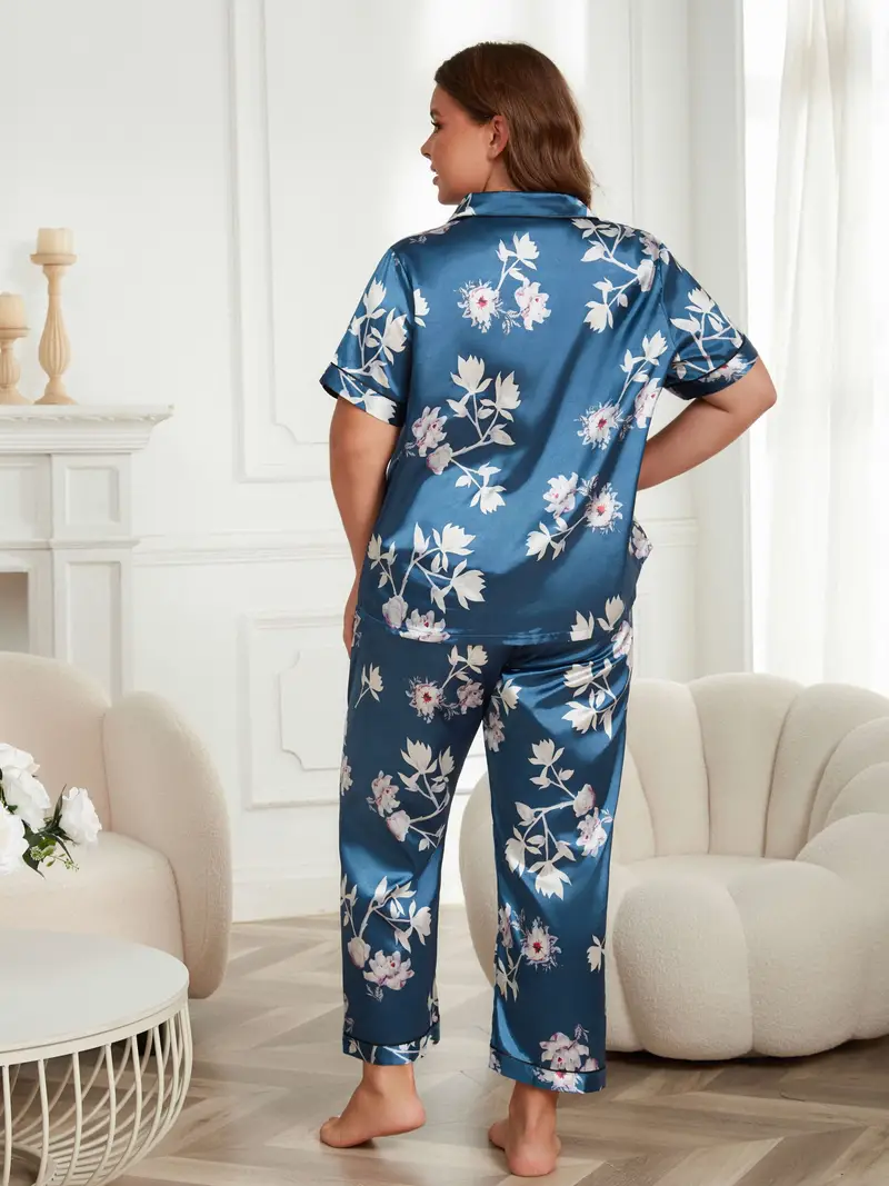 Plus Size Elegant Pajama Set Women's Plus Silk Satin Floral - Temu Canada