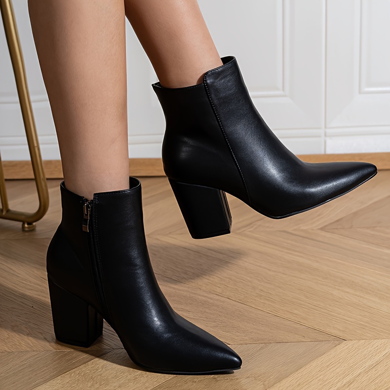 Ankle Boots for Women Pointed Toe Chunky High Heel Boots Side