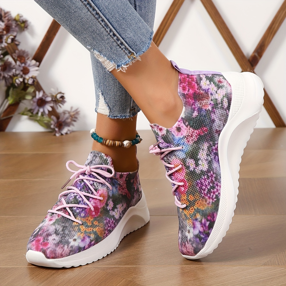 Women's Fashionable And Versatile Floral Print Fabric Spring/summer  Comfortable Green Flat Casual Sports Shoes