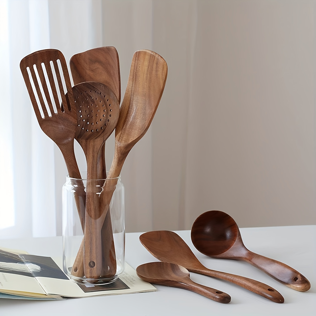 Wooden Cooking Utensils Wooden Spoons for Cooking,Nonstick Kitchen Utensil Set,Wooden Spoons Cooking Utensil Set Non Scratch Natural Teak Wooden