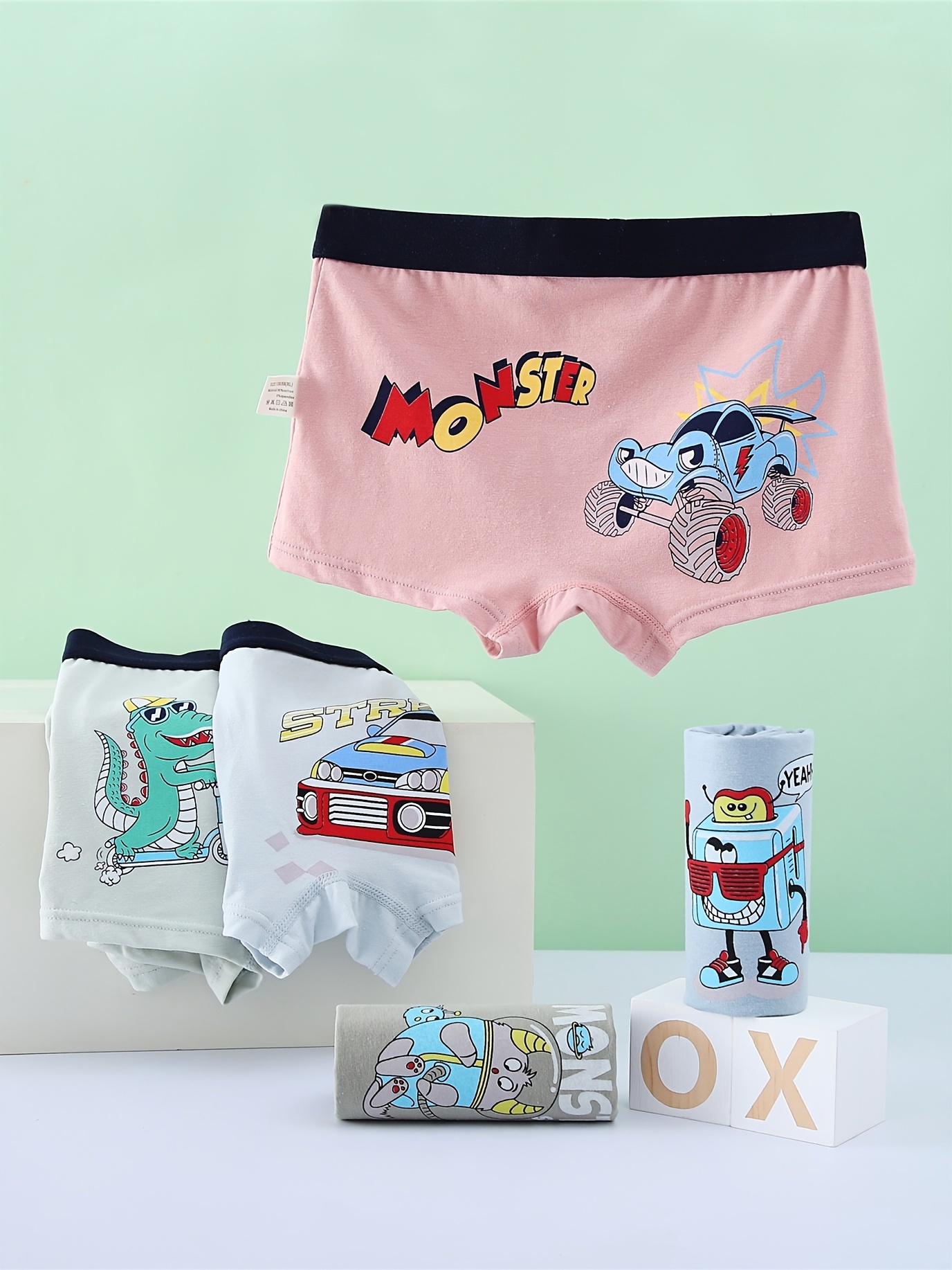 Boy's Cotton Boxer Briefs Cartoon Dinosaur/truck Pattern - Temu