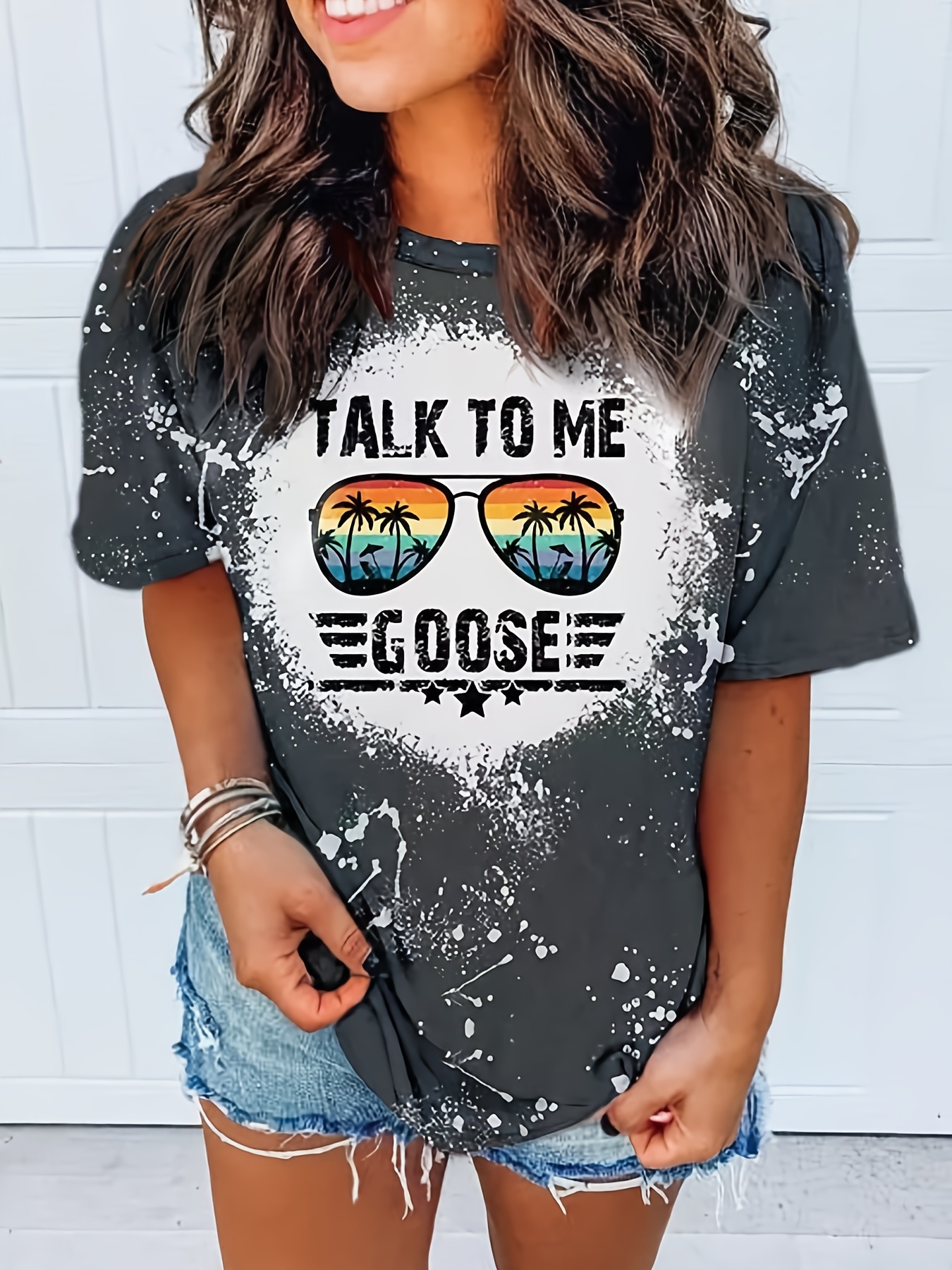 Talk To Me Glasses Print T-shirt, Vintage Crew Neck Short Sleeve T-shirt,  Women's Clothing