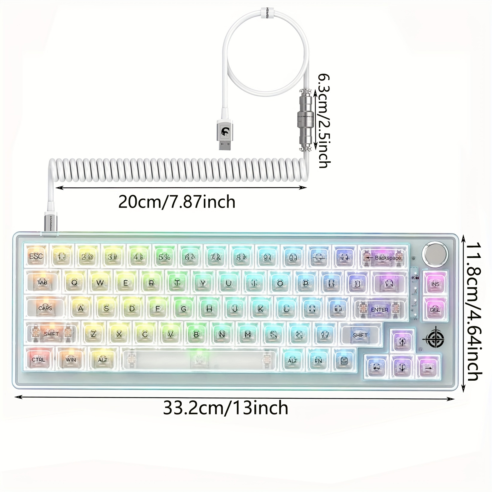 65 hot swap wired mechanical gaming keyboard programmable with transparent 66 key full side rgb owerty linear ice white switch custom coiled c to a cable media knob 2 in 1 case for win pc mac