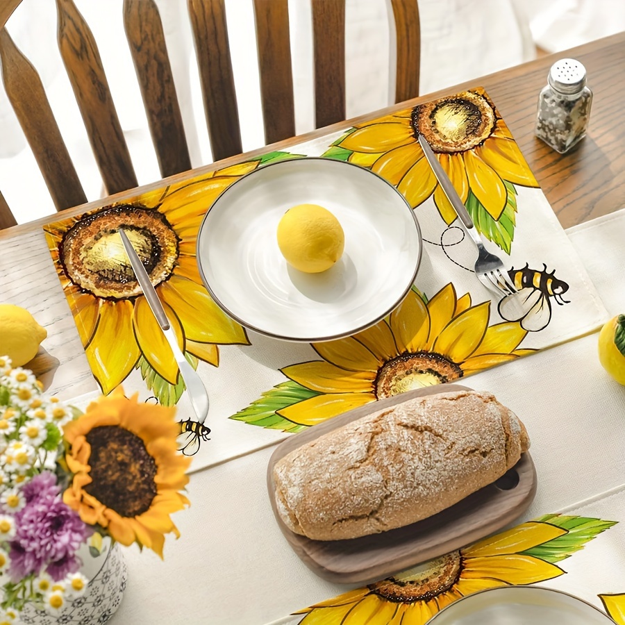 Spring Placemats, Linen Yellow Flower Bee Pattern Placemats Dining