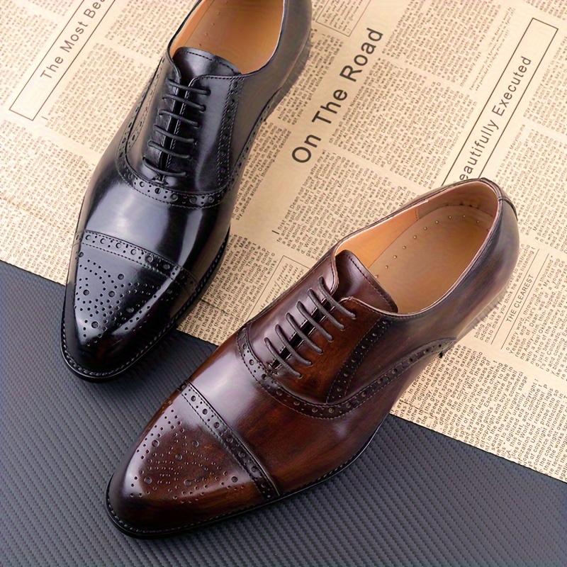 *'* Cap Toe Brogue Oxfords With Top Leather Wear-resistant Lace-up Dress  Shoes For Business Occasions *'* Daily Footwear